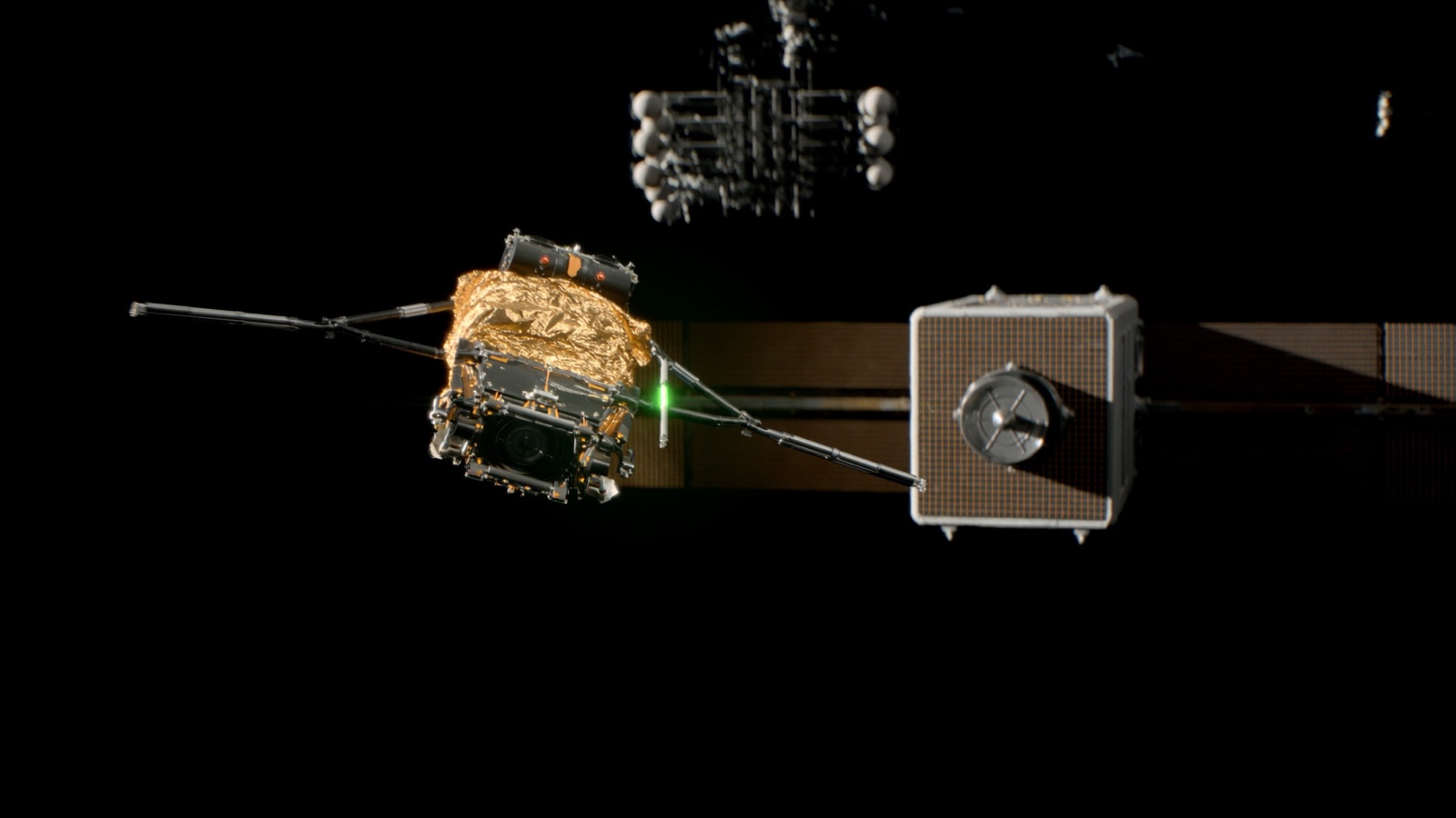 A servicing vehicle docking nose-to-nose with a client satellite in orbit, a chartreuse docking beam between them