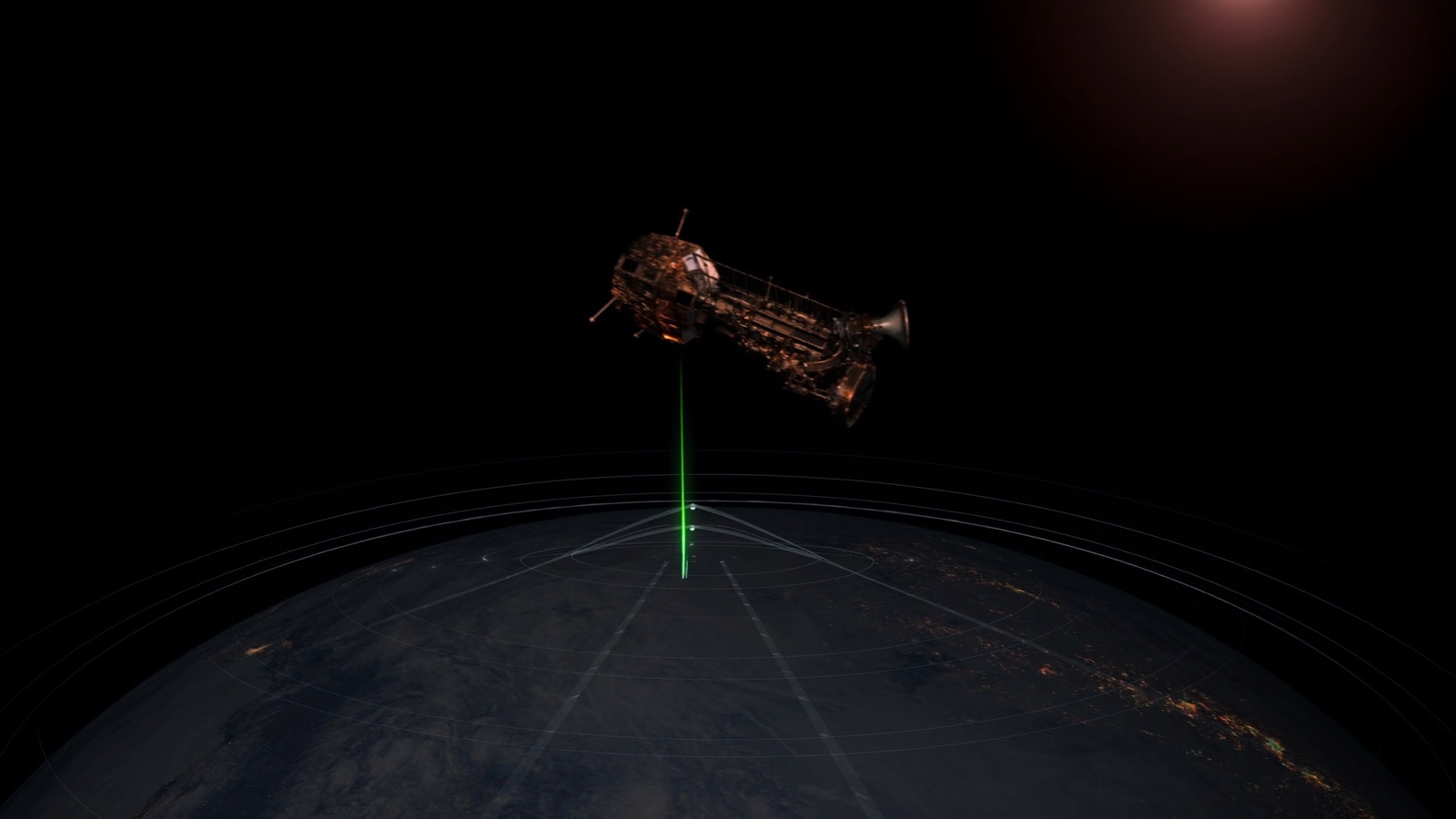 A satellite radiating a chartreuse radio-frequency beam toward the city-lit Earth below