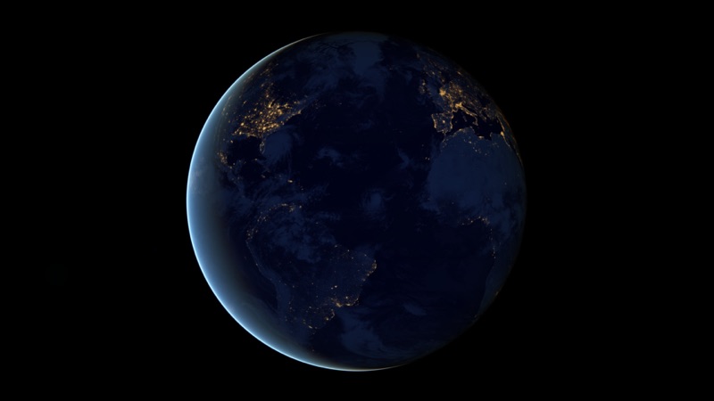 Earth city lights at night showing global communications networks